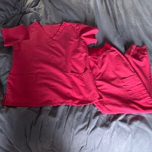 Women’s Bright Pink Scrub Top and Pants Set - V-Neck Pocket Top